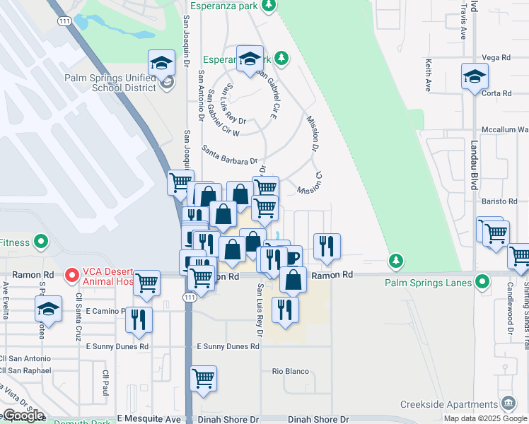 map of restaurants, bars, coffee shops, grocery stores, and more near 31632 San Luis Rey Drive in Cathedral City