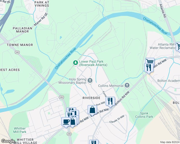 map of restaurants, bars, coffee shops, grocery stores, and more near 2320 Thomas Road Northwest in Atlanta