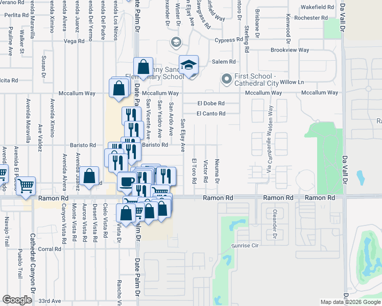 map of restaurants, bars, coffee shops, grocery stores, and more near 31550 San Eljay Avenue in Cathedral City