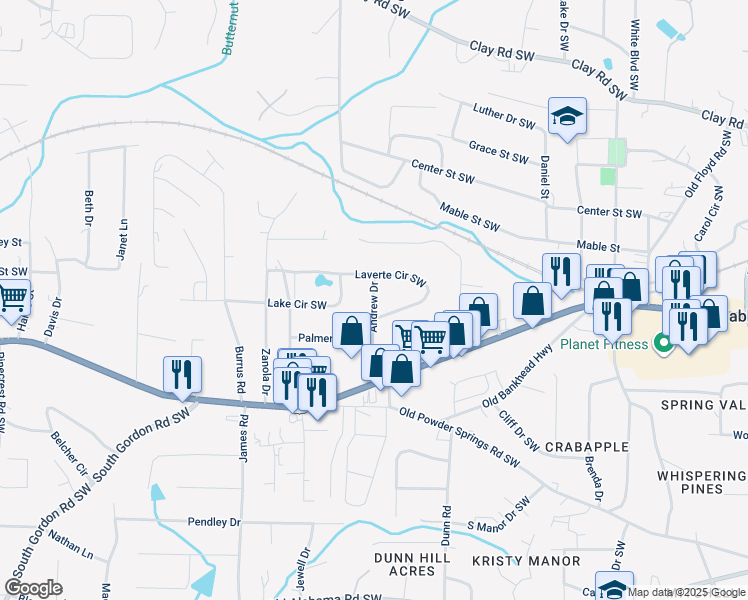 map of restaurants, bars, coffee shops, grocery stores, and more near 5538 Andrew Drive in Mableton
