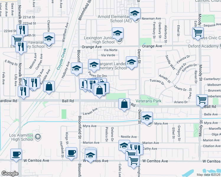 map of restaurants, bars, coffee shops, grocery stores, and more near 4210 Via Largo in Cypress