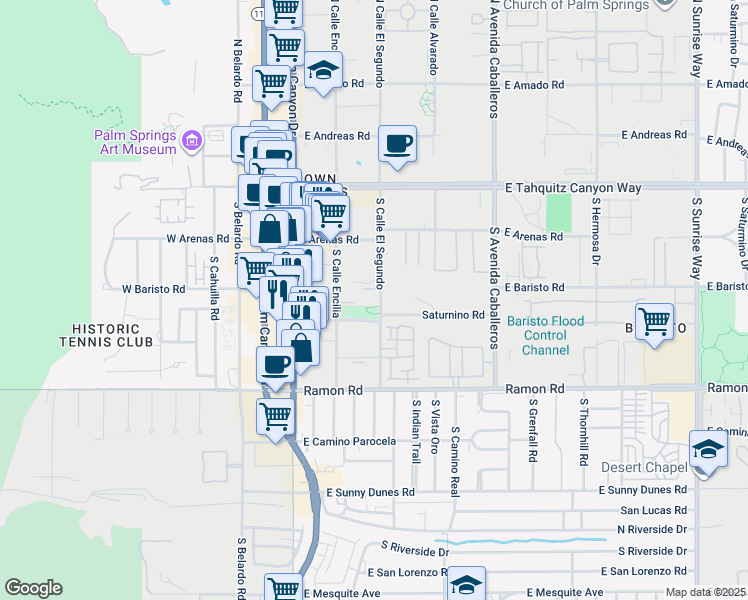 map of restaurants, bars, coffee shops, grocery stores, and more near 327 South Calle El Segundo in Palm Springs