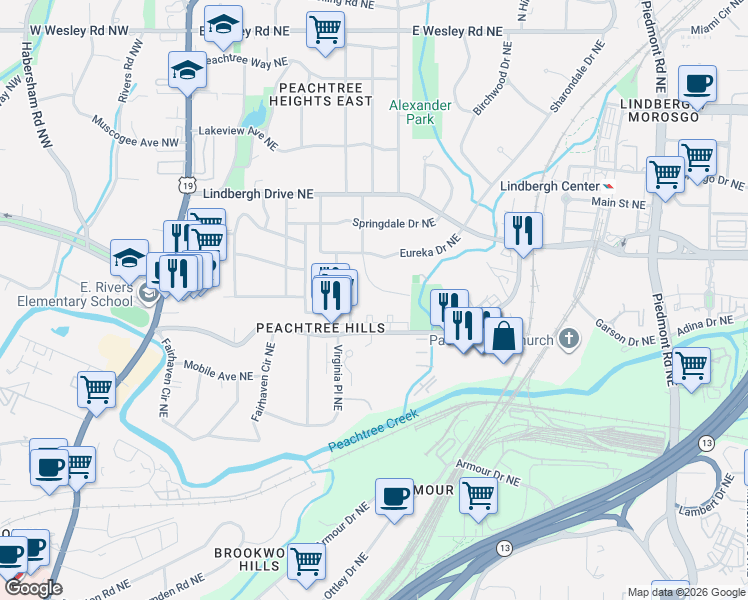map of restaurants, bars, coffee shops, grocery stores, and more near 2354 Hurst Drive Northeast in Atlanta