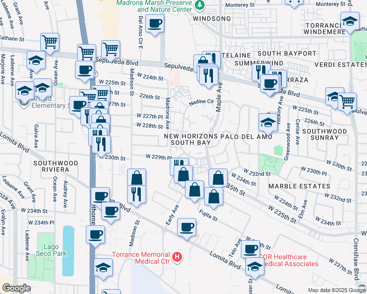map of restaurants, bars, coffee shops, grocery stores, and more near 503 Nadine Circle in Torrance
