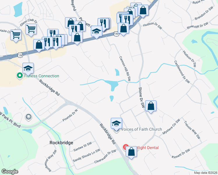 map of restaurants, bars, coffee shops, grocery stores, and more near 2251 Colonial Oak Way Southwest in Stone Mountain