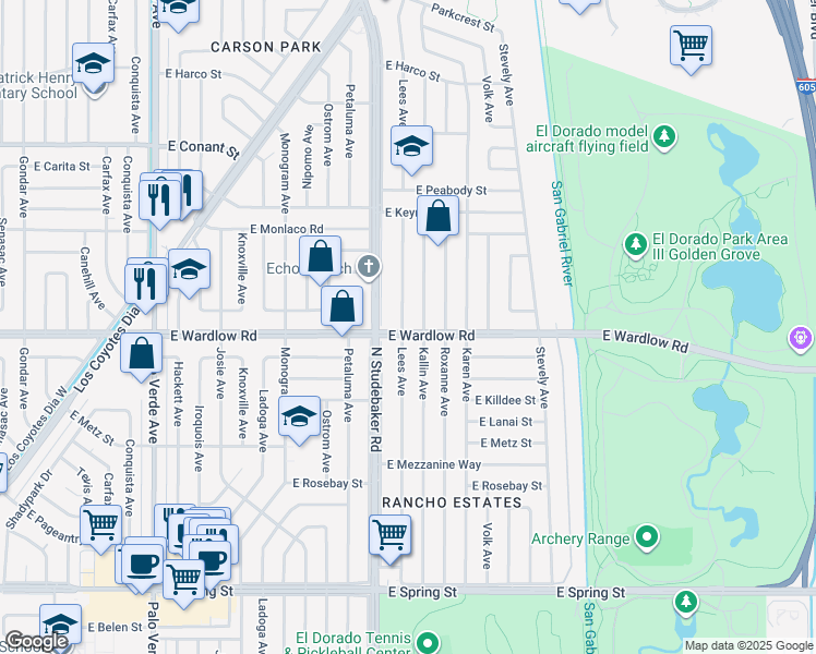 map of restaurants, bars, coffee shops, grocery stores, and more near 3402 Lees Avenue in Long Beach