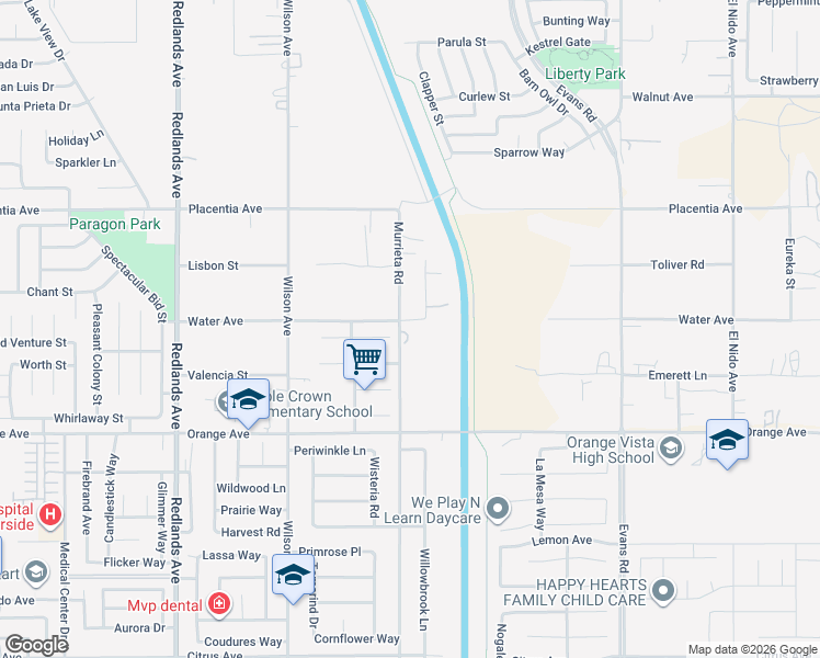 map of restaurants, bars, coffee shops, grocery stores, and more near 2575 Murrieta Road in Perris