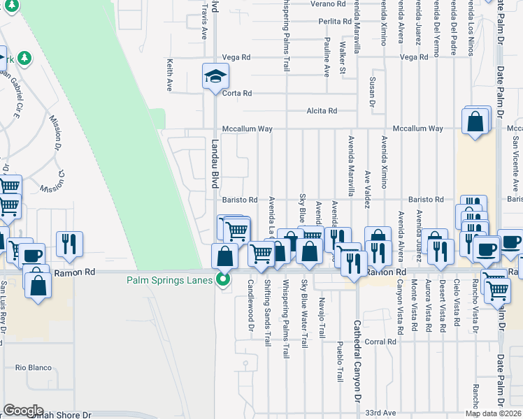 map of restaurants, bars, coffee shops, grocery stores, and more near 31570 Avenida La Paloma in Cathedral City