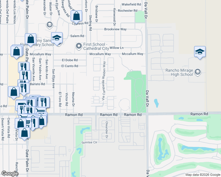 map of restaurants, bars, coffee shops, grocery stores, and more near 418 Via Milano in Cathedral City