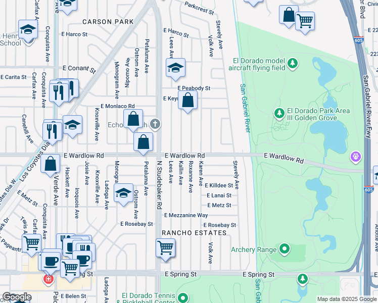 map of restaurants, bars, coffee shops, grocery stores, and more near 3403 Roxanne Avenue in Long Beach