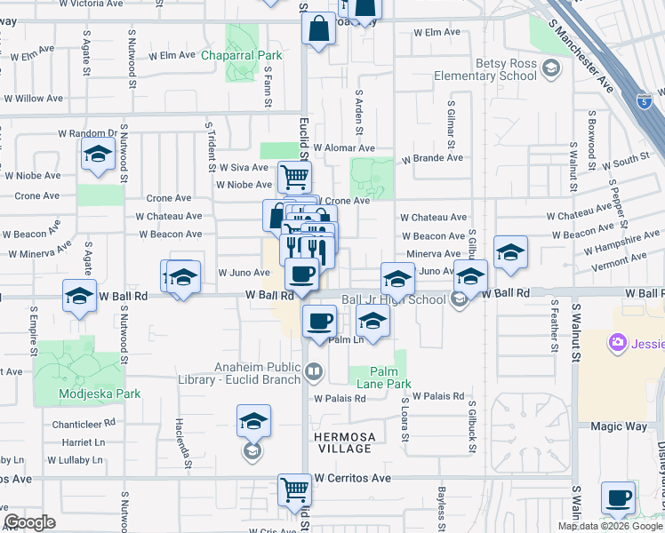 map of restaurants, bars, coffee shops, grocery stores, and more near 922 South Euclid Street in Anaheim