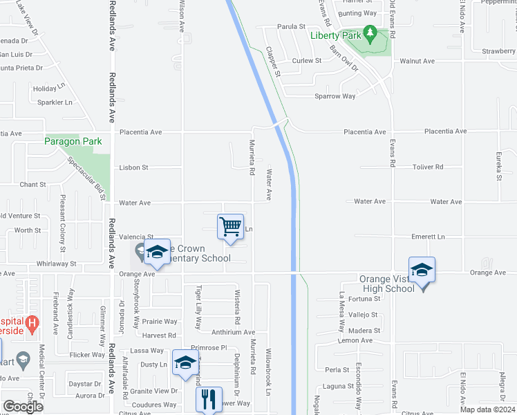map of restaurants, bars, coffee shops, grocery stores, and more near 2575 Murrieta Road in Perris