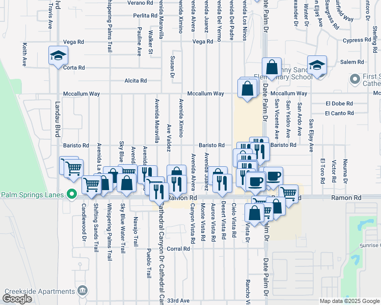 map of restaurants, bars, coffee shops, grocery stores, and more near 31575 Avenida Alvera in Cathedral City