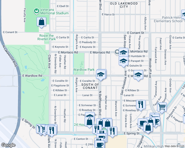 map of restaurants, bars, coffee shops, grocery stores, and more near 5417 East Wardlow Road in Long Beach