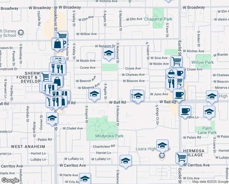 map of restaurants, bars, coffee shops, grocery stores, and more near 930 Emerald Street in Anaheim