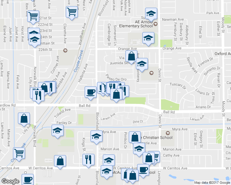 map of restaurants, bars, coffee shops, grocery stores, and more near 9845 Via Sonoma in Cypress