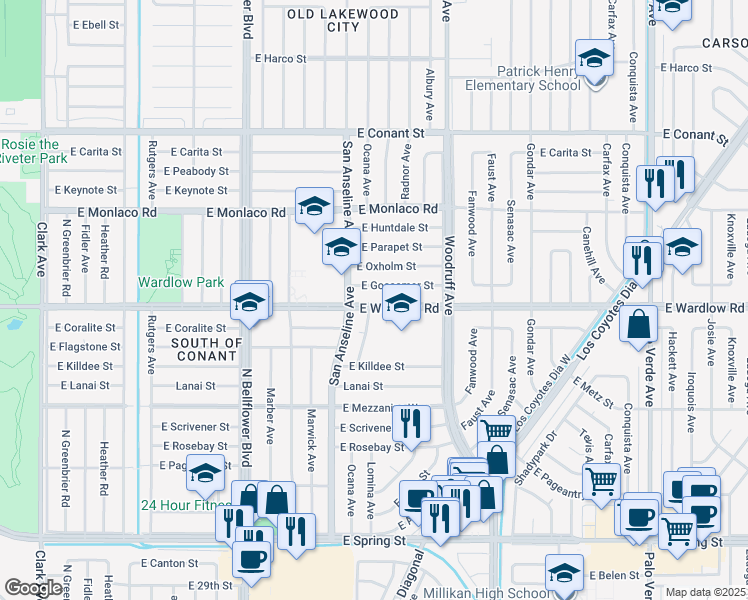 map of restaurants, bars, coffee shops, grocery stores, and more near 5753 East Wardlow Road in Long Beach