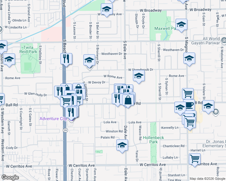 map of restaurants, bars, coffee shops, grocery stores, and more near 2848 West Devoy Drive in Anaheim