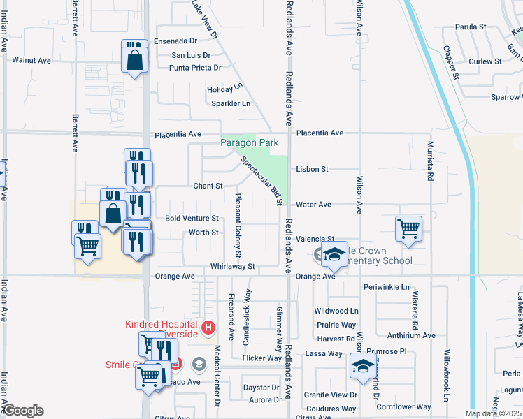 map of restaurants, bars, coffee shops, grocery stores, and more near 2598 Buchanan Ct in Perris
