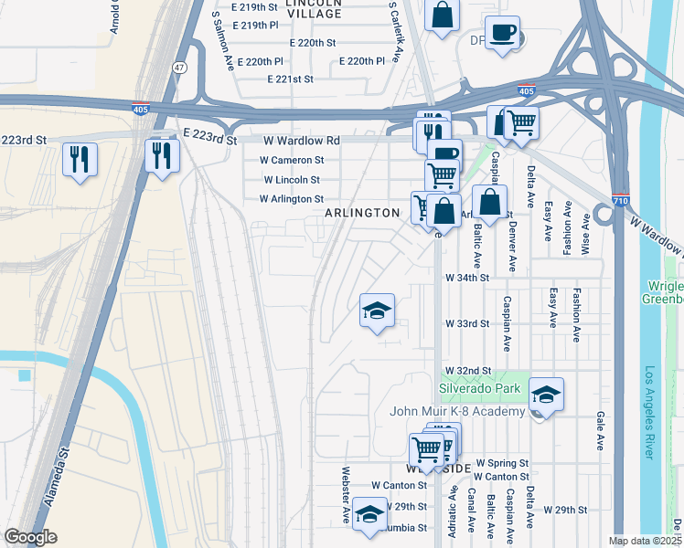 map of restaurants, bars, coffee shops, grocery stores, and more near 3595 Santa Fe Avenue in Long Beach