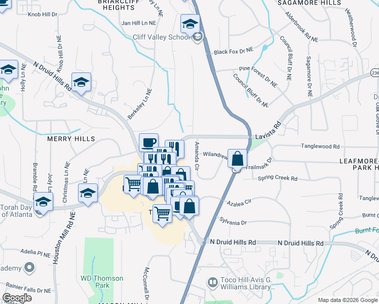 map of restaurants, bars, coffee shops, grocery stores, and more near 1388 Amanda Circle in Decatur