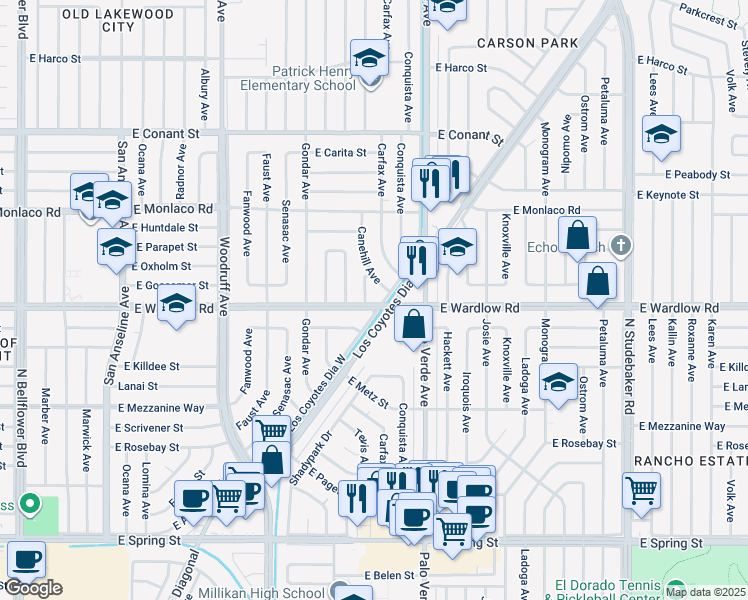 map of restaurants, bars, coffee shops, grocery stores, and more near 6235 East Wardlow Road in Long Beach