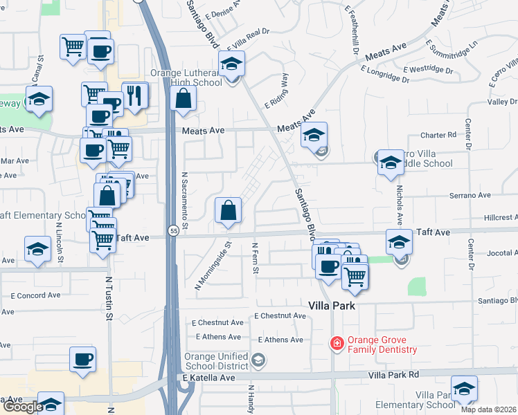 map of restaurants, bars, coffee shops, grocery stores, and more near 2527 East Blueridge Avenue in Orange