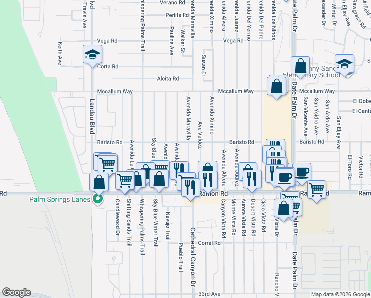 map of restaurants, bars, coffee shops, grocery stores, and more near 31575 Avenida Maravilla in Cathedral City