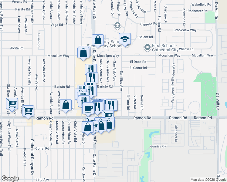 map of restaurants, bars, coffee shops, grocery stores, and more near 69150 Garner Avenue in Cathedral City