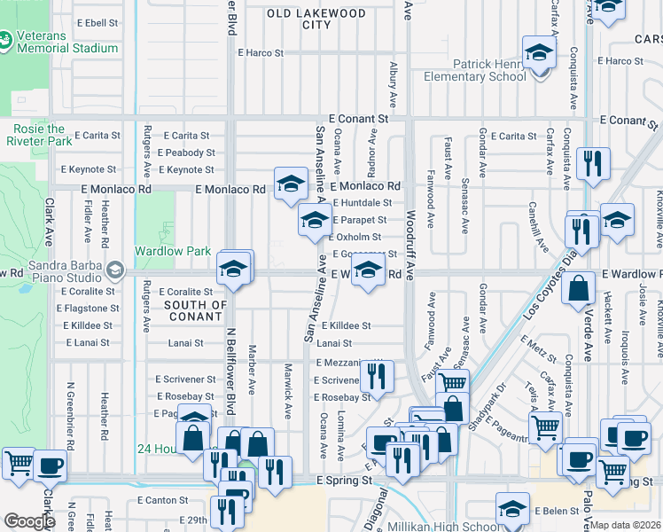 map of restaurants, bars, coffee shops, grocery stores, and more near 5713 East Wardlow Road in Long Beach