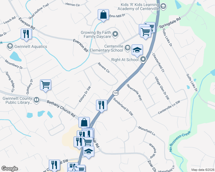 map of restaurants, bars, coffee shops, grocery stores, and more near 3135 Revere Circle in Snellville