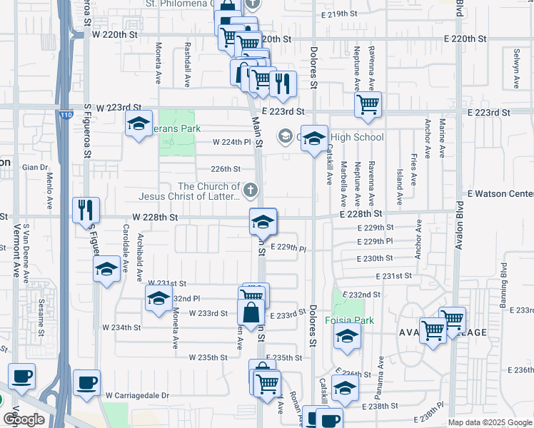 map of restaurants, bars, coffee shops, grocery stores, and more near 22719 Gulf Avenue in Carson
