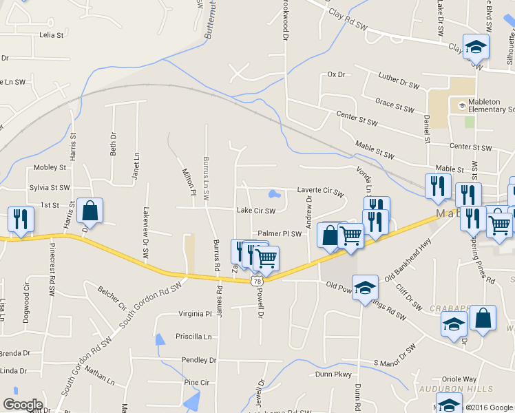 map of restaurants, bars, coffee shops, grocery stores, and more near 5541 Wild Cherry Drive Southwest in Mableton