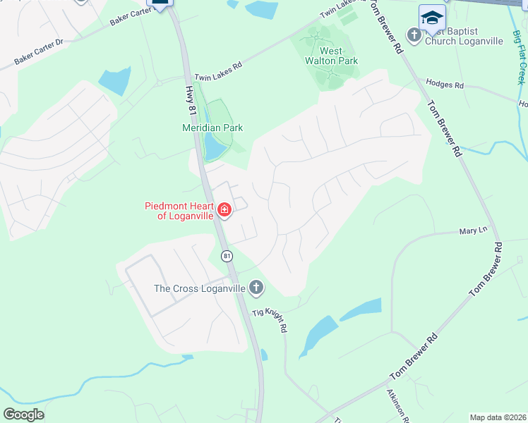 map of restaurants, bars, coffee shops, grocery stores, and more near 122 Tara Boulevard in Loganville