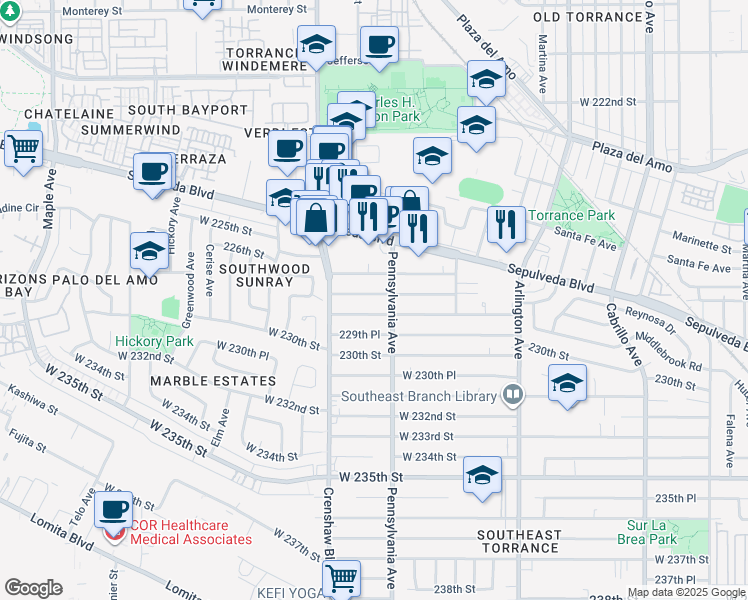 map of restaurants, bars, coffee shops, grocery stores, and more near 2424 West 228th Street in Torrance