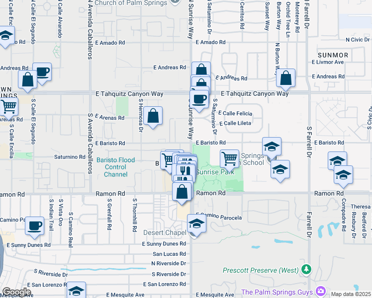 map of restaurants, bars, coffee shops, grocery stores, and more near 311 South Sunrise Way in Palm Springs