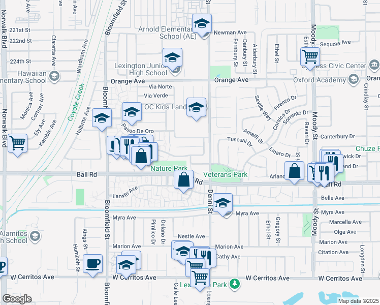 map of restaurants, bars, coffee shops, grocery stores, and more near 4427 Via Largo in Cypress