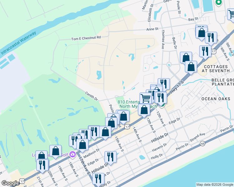 map of restaurants, bars, coffee shops, grocery stores, and more near 1010 Possum Trot Road in North Myrtle Beach