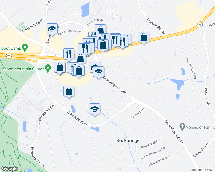 map of restaurants, bars, coffee shops, grocery stores, and more near 2155 Rockbridge Road Southwest in Stone Mountain