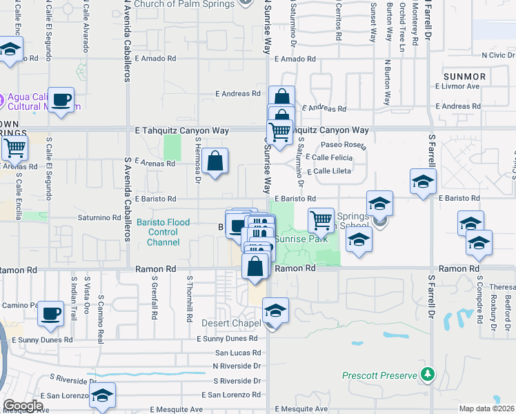 map of restaurants, bars, coffee shops, grocery stores, and more near 311 South Sunrise Way in Palm Springs