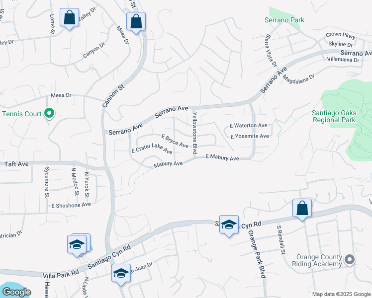 map of restaurants, bars, coffee shops, grocery stores, and more near 6026 East Bryce Avenue in Orange