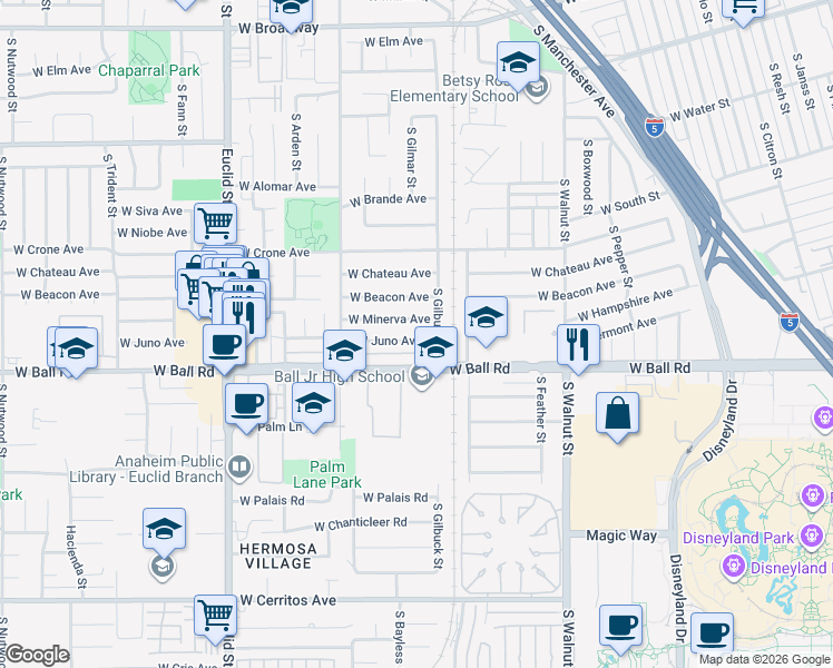 map of restaurants, bars, coffee shops, grocery stores, and more near 1537 West Juno Avenue in Anaheim