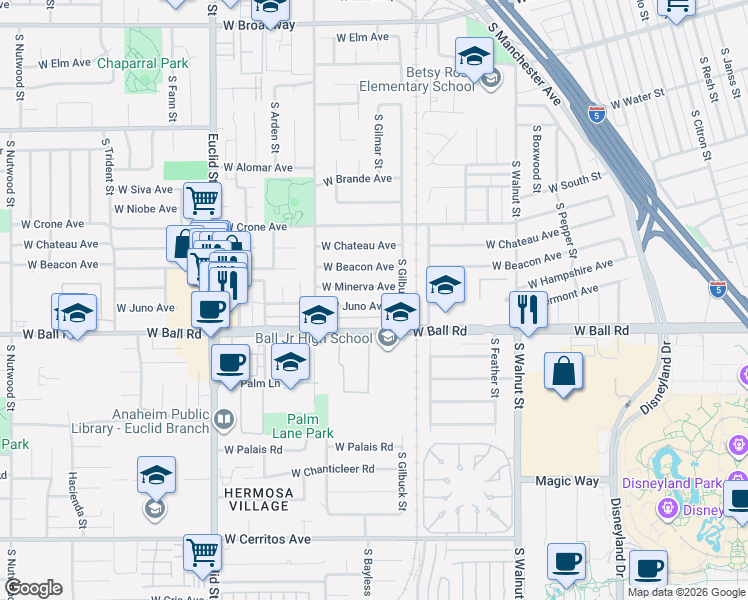 map of restaurants, bars, coffee shops, grocery stores, and more near 1537 West Juno Avenue in Anaheim