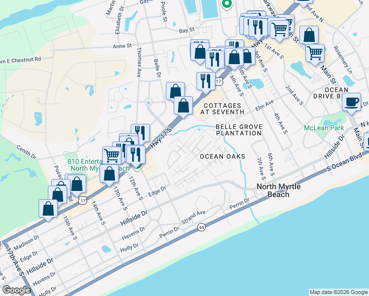 map of restaurants, bars, coffee shops, grocery stores, and more near 829 9th Avenue South in North Myrtle Beach