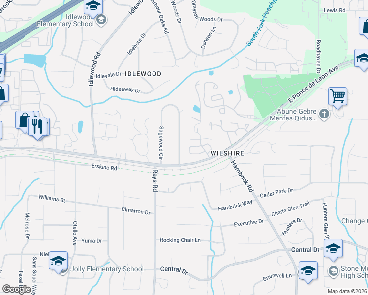 map of restaurants, bars, coffee shops, grocery stores, and more near 4234 Parkview Court in Stone Mountain