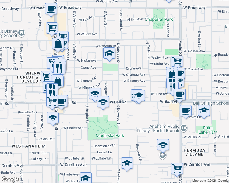 map of restaurants, bars, coffee shops, grocery stores, and more near 930 Emerald Street in Anaheim