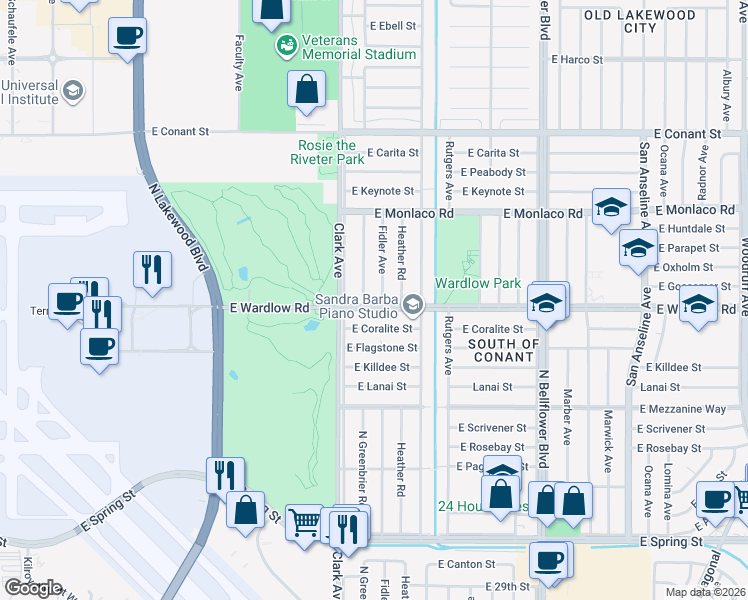 map of restaurants, bars, coffee shops, grocery stores, and more near 5135 E Wardlow Rd in Long Beach
