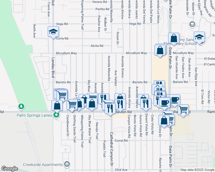 map of restaurants, bars, coffee shops, grocery stores, and more near 31575 Avenida Maravilla in Cathedral City