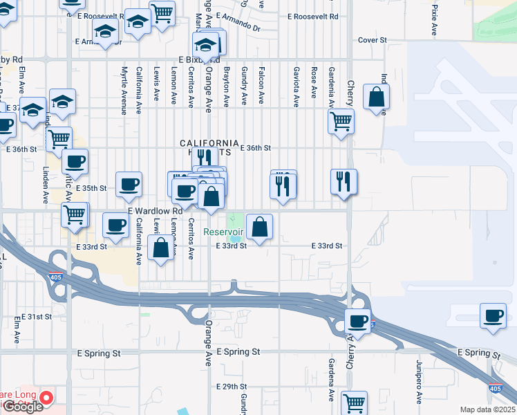 map of restaurants, bars, coffee shops, grocery stores, and more near 3403 Falcon Avenue in Long Beach