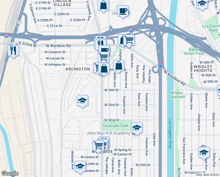 map of restaurants, bars, coffee shops, grocery stores, and more near 3400 Adriatic Avenue in Long Beach